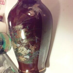 Beautiful Asian Vase Flowers and Greenery With Gold Trim 7 1/4" x 3 1/2"